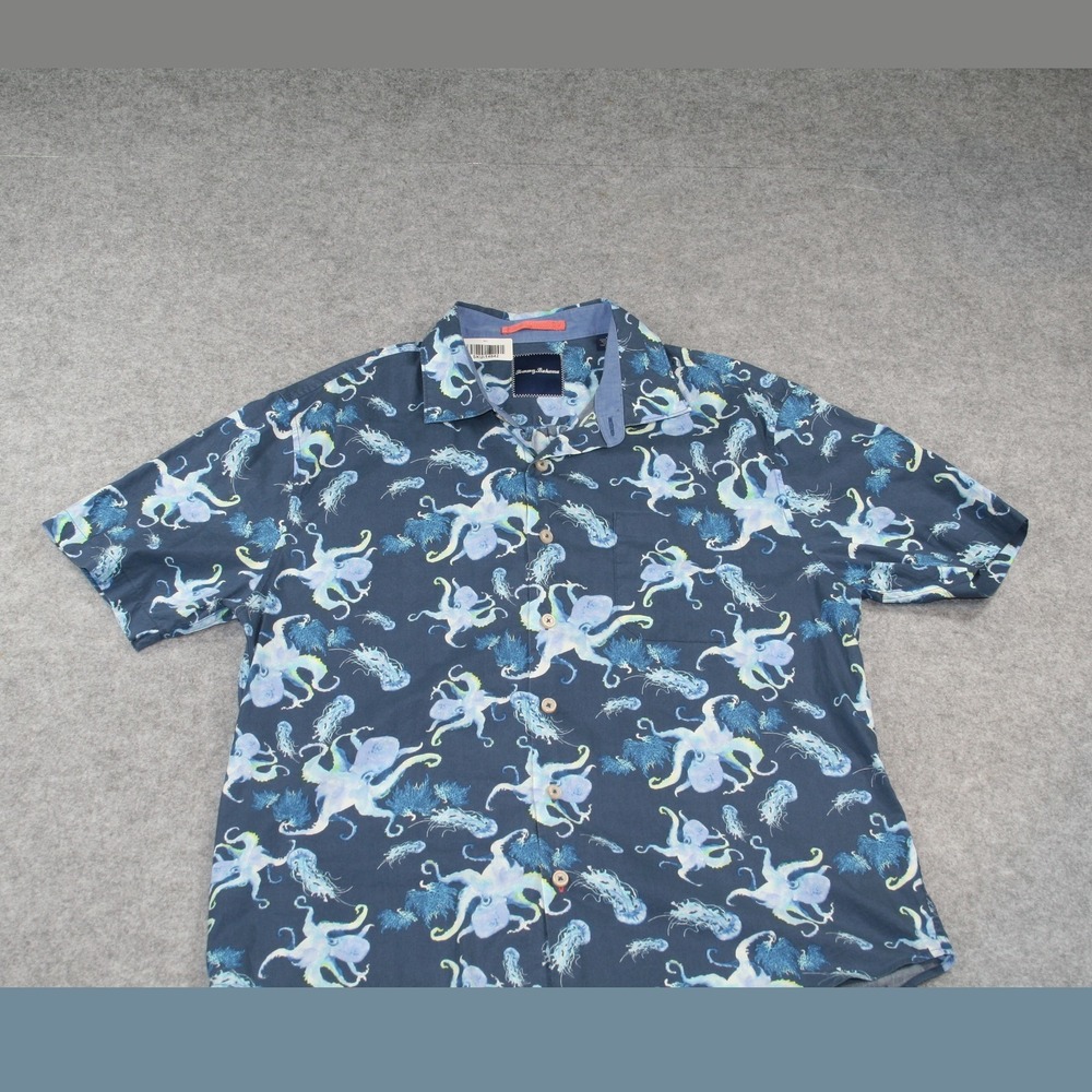 Tommy Bahama Mens Button Front Shirt L Navy Octopus Jellyfish Silk Blend